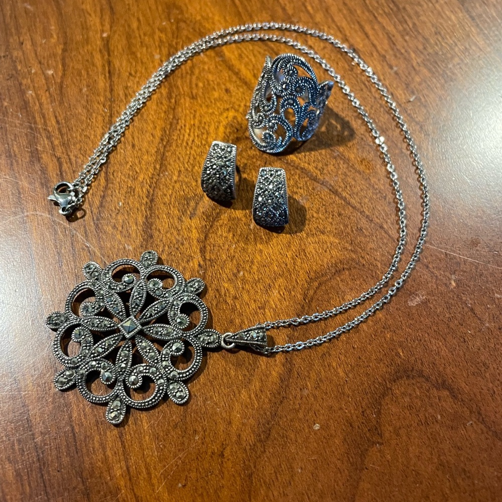 Sterling Silver natural marcasite pendant necklace with Ring & Earrings set